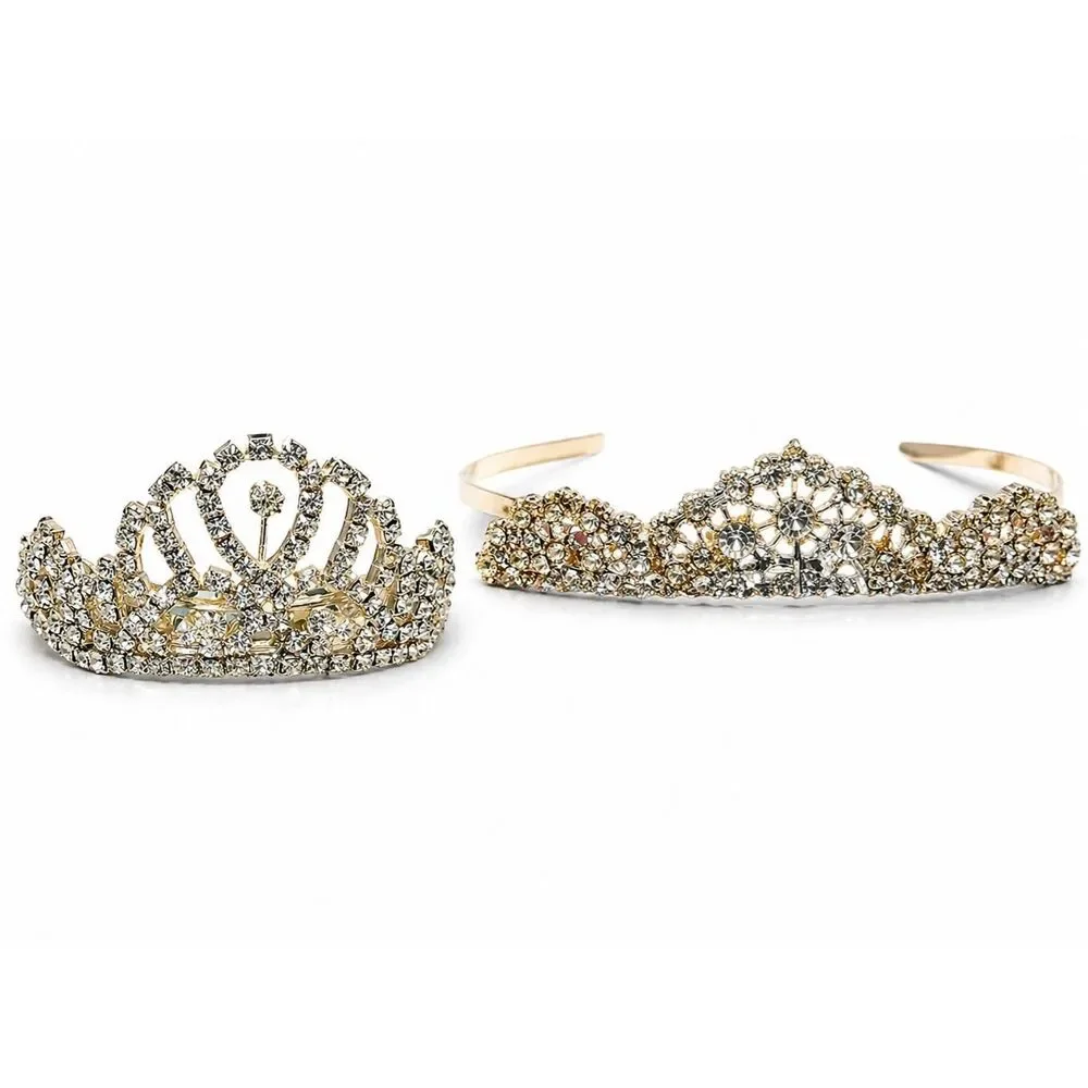 Vintage Rhinestone Tiara Set Gold Bridal Prom Crown Lot
